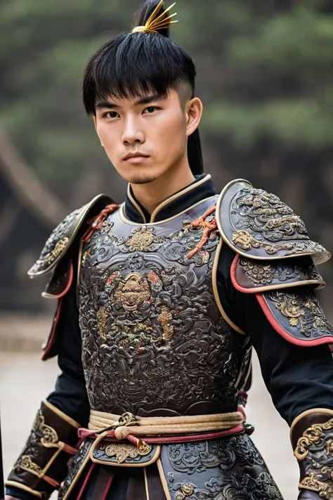 18 years old chinese man holding sword wearing chinese armor full body close up 