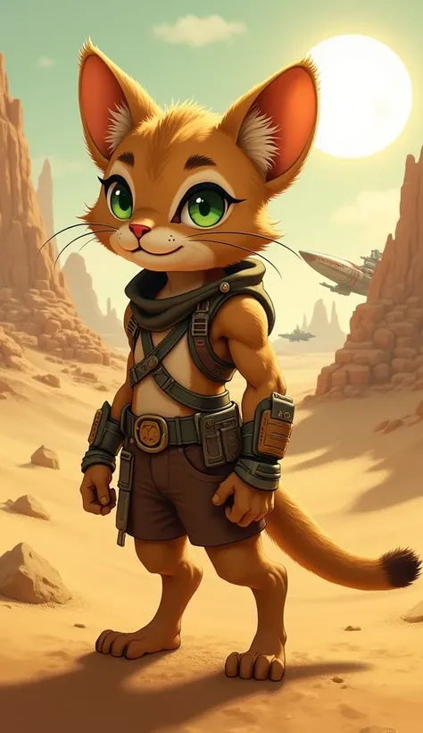 "A young humanoid feline with short, sandy-brown fur, piercing green eyes, and a confident expression. His attire is rugged and functional, with desert hues and mechanical tools hanging from his belt. He stands in the middle of a vast golden desert with to...