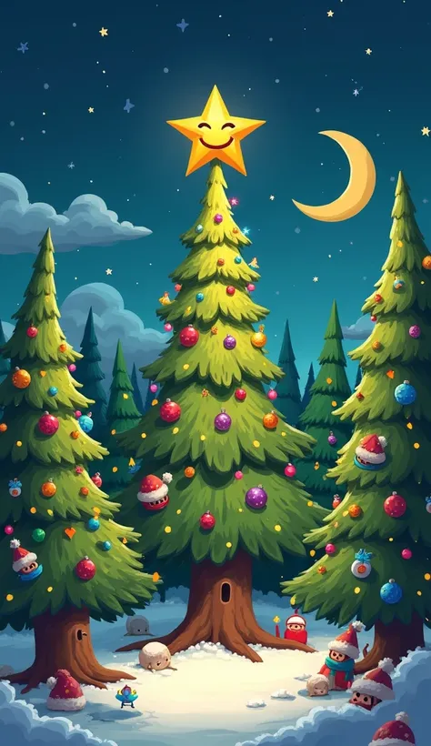 Anthropomorphic fantasy world art, a forest of fir trees, decorated and ready for Christmas, a smiling star on top of the trees, a night sky, a smiling crescent moon