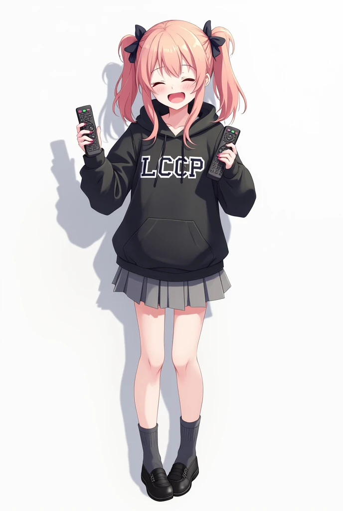 Teenage woman with two bows in her hair standing in the front and her legs and wearing black shoes and black poleron with a hood and with LCCP letters on her chest and pink nails and high school gray skirt anime image with a remote control black television...