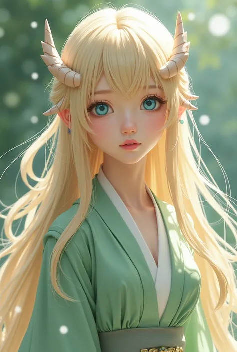 A twenty-year-old human with the theme of a blond Asian princess with blue eyes, Neutral look , attractive, piel Blanca, With long straight blonde hair con mechas verdes y azules, appearing  (mirando al espectador), color pastel, Oil style , Manhwa style, ...