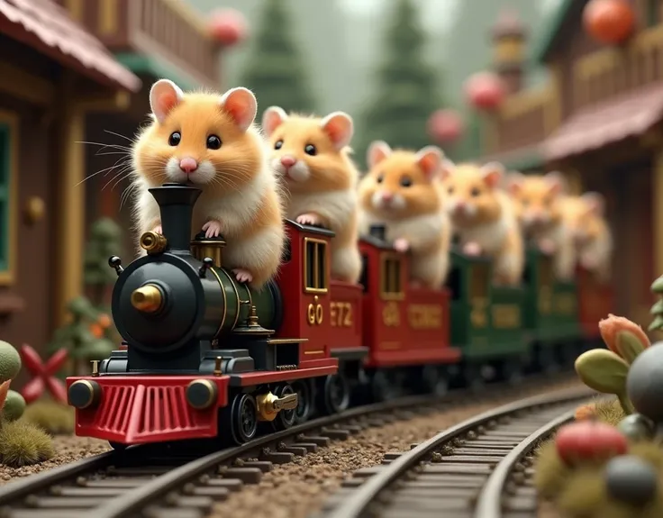 masterpiece, best quality, Photorealistic, realistic, photograph, Hamsters riding locomotive toys