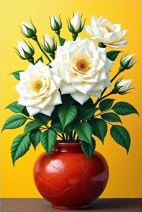 One very large white rose in a red Thai pattern pot , has many flowers, blooms with very large flower buds, green alternate leaves, very long flower stalks. 3dhd34k oil painting. The background is yellow, very fine diamond, green, subtle sparkle, bright co...