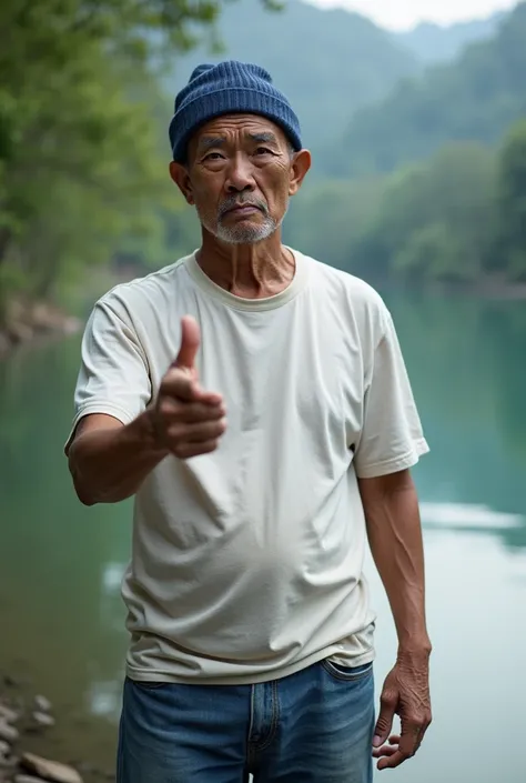 Rela human photot, An Indonesian man, ,50 years old, wearing white t-shirt, blue jeans pant, blue beannie, standing, beckoning gesture, expression serious  facing forward. Background is lake 