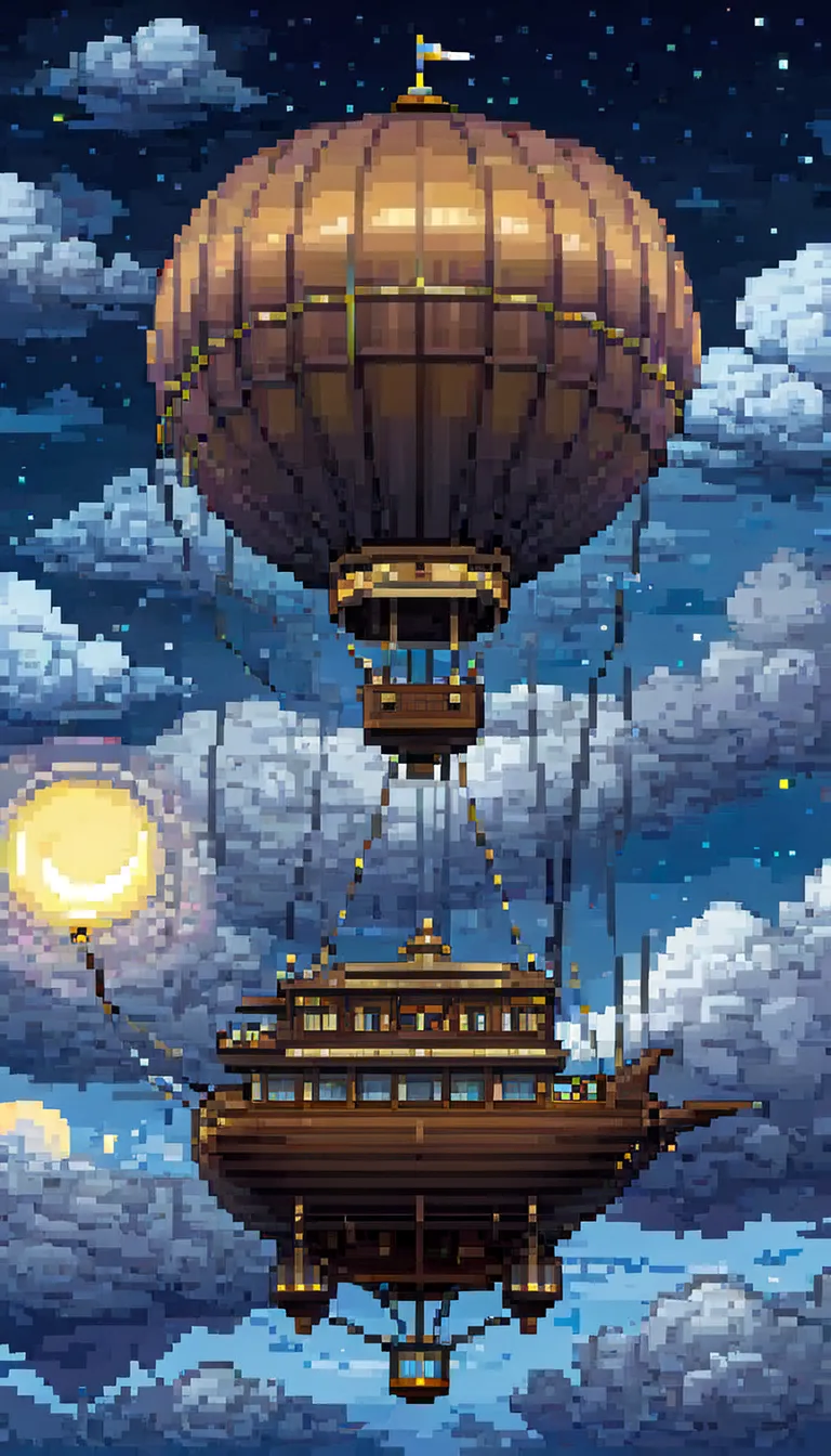 pixel art, ((1 balloon a airship fantasy)), night, clouds, stars, (sky), top down view