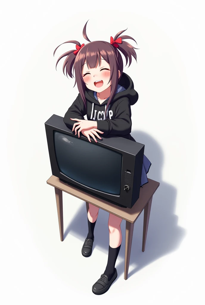 Teenage woman with two bows in her hair standing in the front and her legs and wearing black shoes and black poleron with a hood and with LCCP letters on her chest and pink nails and high school gray skirt anime image with a remote control black television...