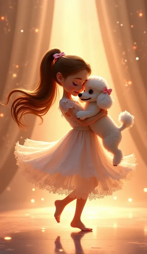 A tender scene unfolds on the brightly lit stage of America’s Got Talent, featuring a , about , dancing gracefully with her beloved pet poodle. The girl has long, wavy chestnut hair tied back with a pale pink ribbon, and she wears a delicate white dress wi...