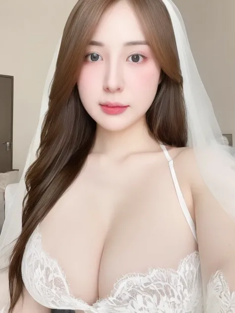 (realistic、masterpiece、Best Quality、8K、highres、high resolution:1.3)、1 girl ,closed mouth, white bandeau dress,white lace veil, upper body, full breasts, gigantic breasts, cleavage,