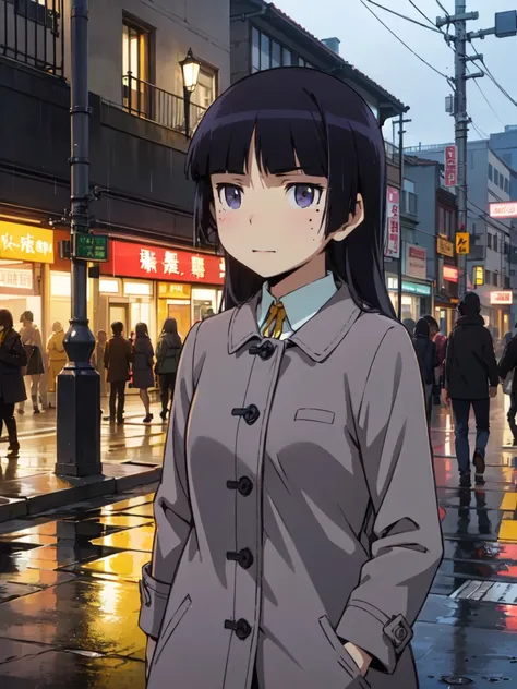 ((ruri gokou)), Long Hair,  black hair, mole, mole under eye, rain, Street Corner, Red Umbrella, Grey coat,  Neon Reflected on the Road,  Confident Expression , Walking Steadily , Transparent water droplets,  city night view