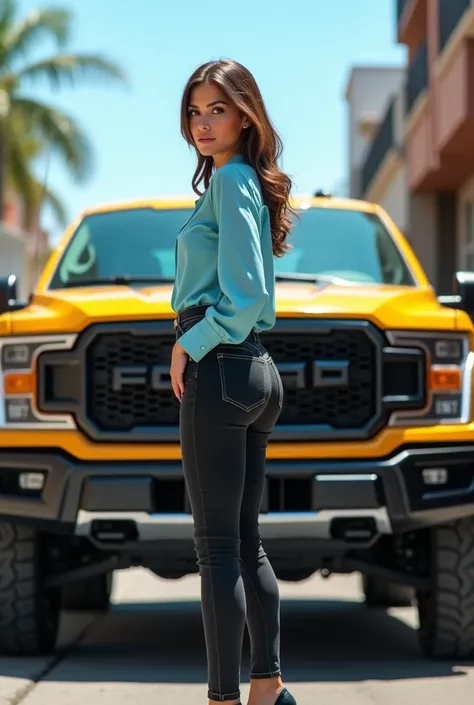 Images HDF ,  Real photographs , 8K,  competition images ,  real lighting at noon . (((Ford,  model F-150 pick up , yellow color,  tall tires 4x4 ,  dark glass ).  Girl is passing in front of The pick up ,  turn to the photographer ,  surprised to call her...