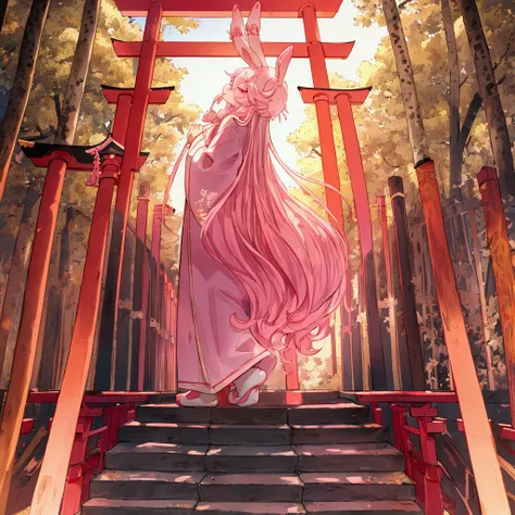  pink rabbit，boy，Pray for blessings， tall, long hair , Pink Eyes , Standing at the Torii gate of a shrine praying，boy，Close your eyes and pray 