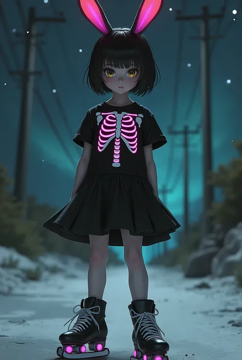 girl with bunny ears, short hair and bangs,  with a serious face looking at the camera standing on skates,  wearing a black dress with skeletal ribs print .  color palette black , Grays, white, magenta, turquoise and yellow . In the background a night of d...