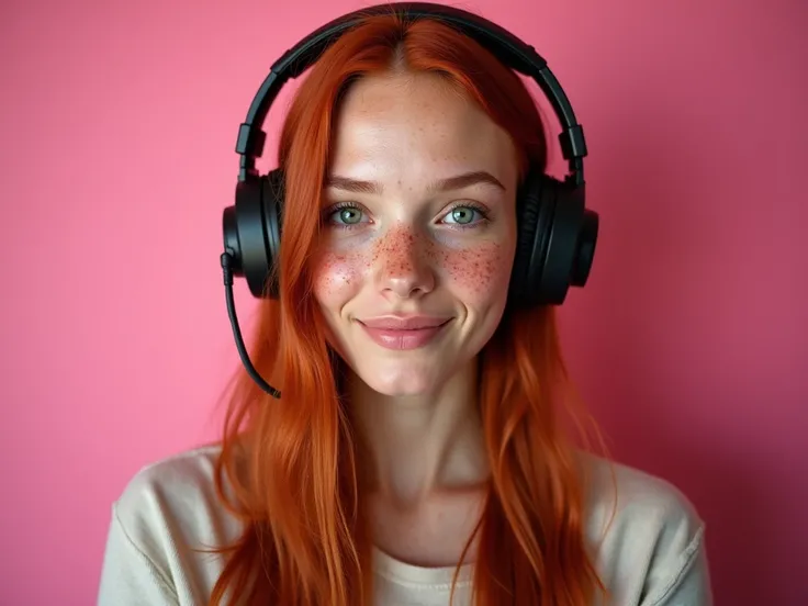 A 30-year-old woman, with freckles on her face and body, fair skin, long red hair and green eyes, is on a streaming show, with headphones and a pink background set up. Ultra definition, 4K, ultra realistic, ultra human, with details. Nikon, professional ph...