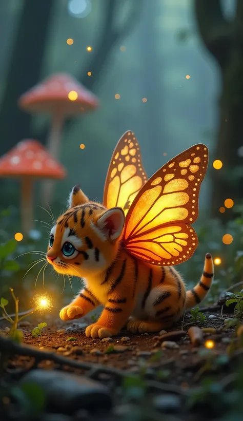 This whimsical fusion is the size of a small tiger cub but far lighter, its orange-and-black striped fur glowing faintly in the dim light of a magical forest. Atop its back are oversized butterfly wings, their translucent, heart-shaped patterns shimmering ...