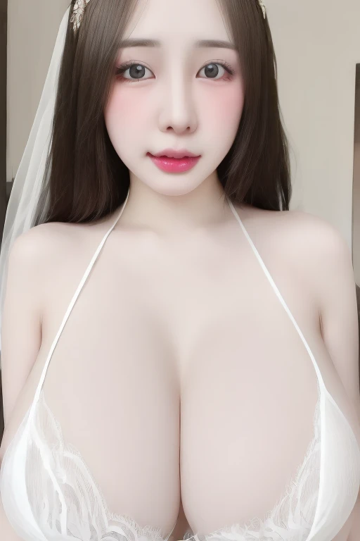 (realistic、masterpiece、Best Quality、8K、highres、high resolution:1.3)、1 girl ,closed mouth, white bandeau dress,white lace veil, upper body, full breasts, gigantic breasts, cleavage,