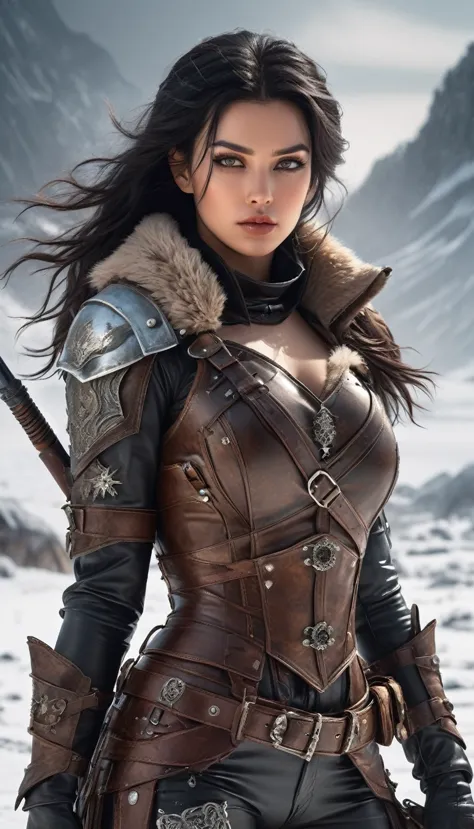 a photorealistic full-body portrait of a fierce post-apocalyptic warrior woman standing confidently in a snowy wasteland. she ha...