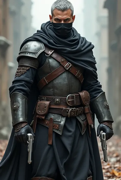 a rogue,  medieval killer , wearing dark leather robes and light metallic armor, Squeeze the body .   A dark leather boot .   A black bandana on his face .  Your hair is gray . Your body is thin.  For being a gunslinger , He carries two silver revolvers , ...