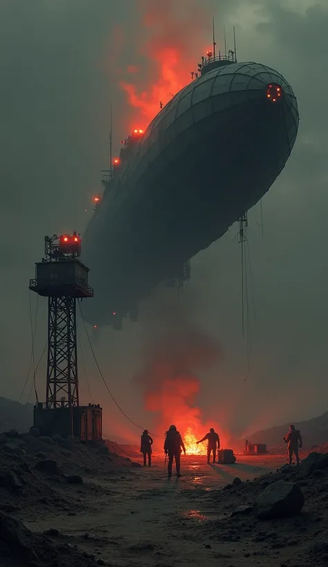 A lonely, crumbling outpost in the heart of a dieselpunk wasteland, surrounded by endless dunes of ash and jagged metal debris. The sky is an unnatural black, streaked with veins of glowing red, as if the world itself is bleeding. A rusted radio tower lean...