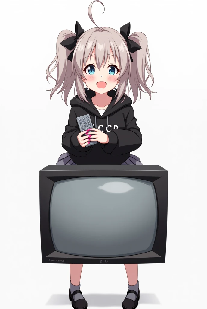 Teenage woman with two bows in her hair standing in the front and her legs and wearing black shoes and black poleron with a hood and with LCCP letters on her chest and pink nails and high school gray skirt anime image with a remote control black television...