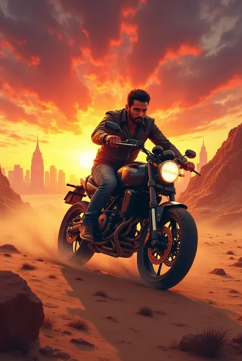  A man on a motorcycle rides through a desert landscape, under a dramatic sky. The scene is set at sunset, with a city in the distance. Fir Action shakib khan Poster 