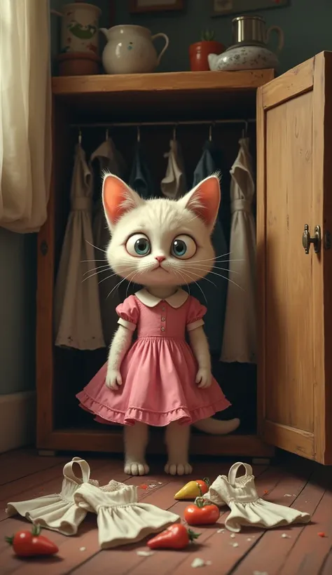 The poor cute cat in pink dress open her cupboard fill with old damaged dresses in her room she throw out them all from cupboards 