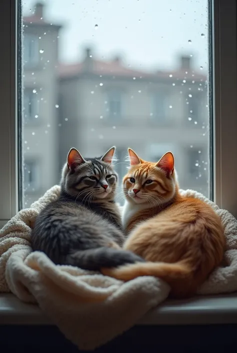 This picture shows two cozy cats sitting on a window sill on a rainy day. They are sitting side by side, wrapped up in one warm blanket, and looking out the window where you can see raindrops on the glass slowly dripping down. Outside the window are gray b...