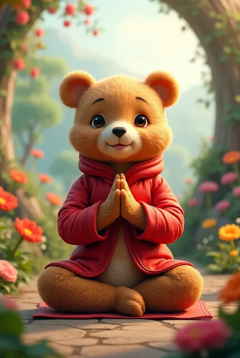 A cute bear wearing a red jacket is doing yoga padmasana..in a beautiful background awesome full color, png image