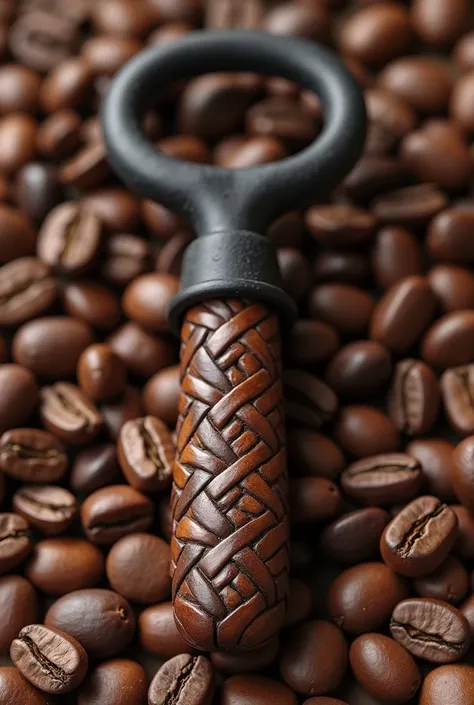  A smart handle ,  traditionally woven with preserved coffee beans ,  finished in hypoallergenic silicone with adjustable circumference :  15-20 cm Width : 2.5 cm Thickness : 1.2 cm Weight : 45 grams .  On its visible outer part handcrafted with and a matt...