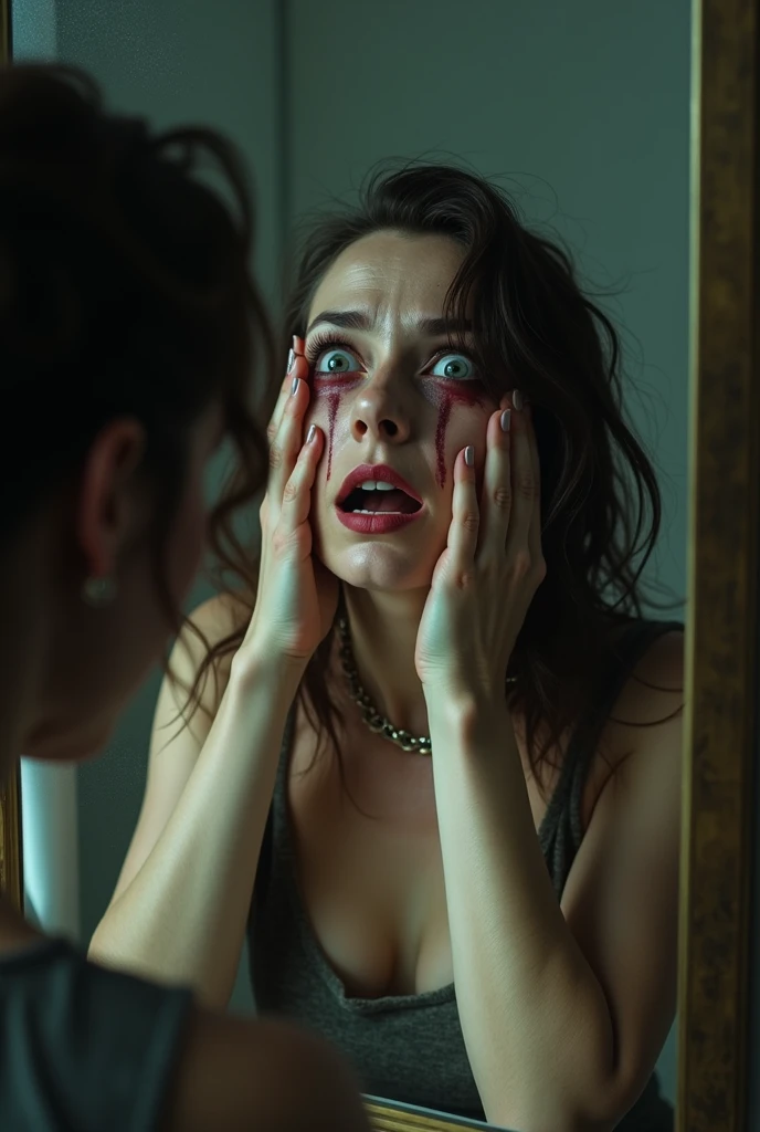 sad woman,  desperate and tired looking in the mirror,  with hands on her face ,  putting on strong makeup .  This woman is disheveled , with ugly makeup , crying 