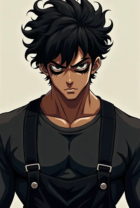 (masterpiece), best quality, high quality, 1 man, young adult, intimidating, black hair, long hair, messy hair, curly hair, black eyes, dark skin, dark skin, dark skin, black outline between the eyes, wearing a dark overall, long-sleeved shirt and large st...