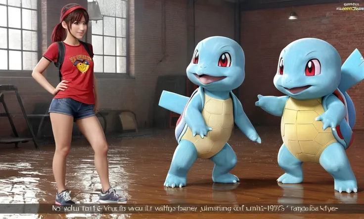 (realistic Pokemon) It is raining heavily and Squirtle loves it (joyous dancing, laughing, playing), it is next to Misty (trademark outfit and hair style, adult, hyper realistic, cute, soaked, a little annoyed) who is walking toward the Fire Gym
