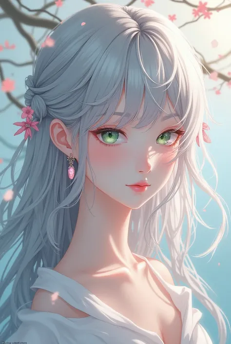  Japanese girl with long wavy hair in silver,  pale green eyes , Pale skin and pink lips,  with pink opal earrings ,  anime style
