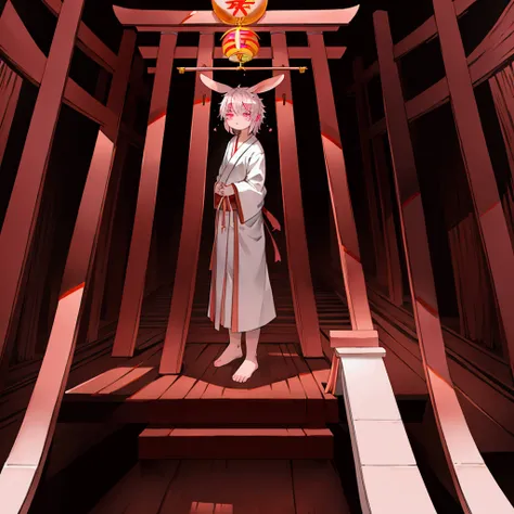  masterpiece， best quality ，masterpiece， amazing quality ，Godly Art， high detail ，pink rabbit，boy，Pray for blessings， Pink Eyes , Standing at the Torii gate of a shrine praying，boy，Close your eyes and pray ，Thin body，Devotional expression 