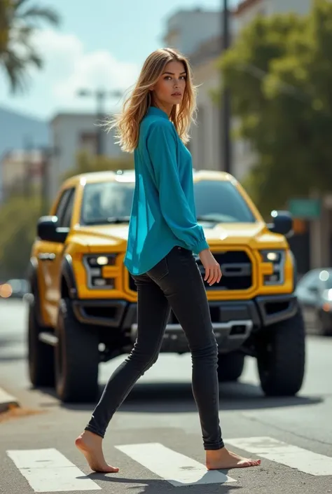 Images HDF ,  Real photographs , 8K,  competition images ,  real lighting at noon . (((Ford,  model F-150 pick up , yellow color,  wide and tall tires 4x4 , 20in, dark glass ).  Girl is crossing in front of The pick up ,  turn to the photographer ,  surpri...