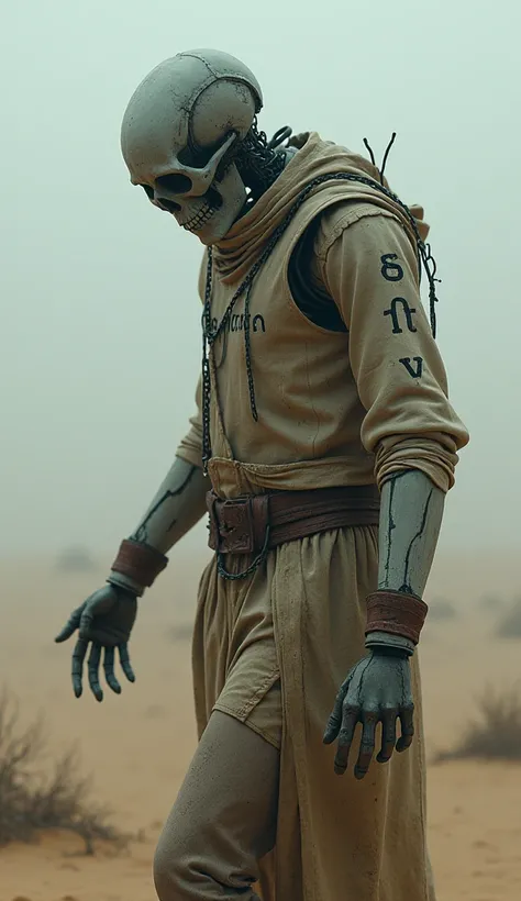 cute sad robot in old torn clothes with chains,  with letters on his face and body ,  rain and fog , in the desert ,  the head in the form of a skull ,  turns around leaving 