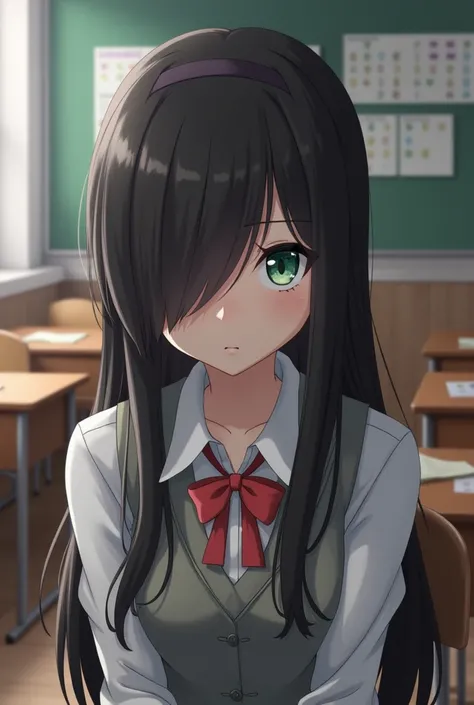 Screenshot of haykiuu ,  in the classroom sitting on a chair ,  long hair with a fringe that covers their faces  ( like the girl Sawako from another anime ), Women,  dark brown right eye and medium dark green left eye,  long eyelashes and slanted eyes 