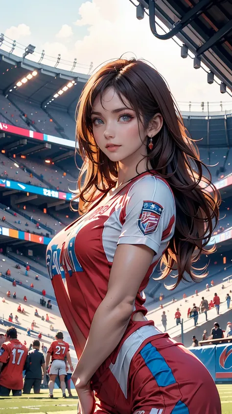 (masterpiece:1.4), ( best quality:1.4),  Very detailed,  complicated,  super detailed, ( perfect face), Illustration, soft lighting , Scenic,  1 girl ,  happy ,   bright reddish brown hair,  colorful ,  colorized, from_Down ,_ costume  , Stadium 