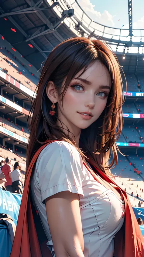 (masterpiece:1.4), ( best quality:1.4),  Very detailed,  complicated,  super detailed, ( perfect face), Illustration, soft lighting , Scenic,  1 girl ,  happy ,   bright reddish brown hair,  colorful ,  colorized, from_Down ,_ costume  , Stadium 