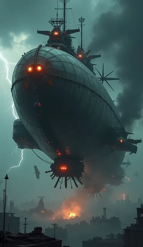 A hulking zeppelin designed for war, suspended in the dark sky, its massive engines spewing thick clouds of black smoke. The ship’s hull is adorned with rusting plates, glowing navigation lights, and jagged insignias painted in blood red. Propellers as lar...