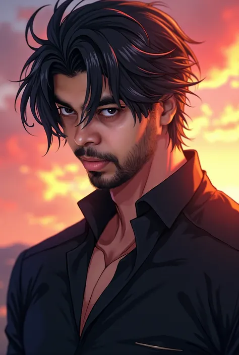 (best quality,4k,8k,highres,masterpiece:1.2),ultra-detailed,(realistic,photorealistic,photo-realistic:1.37),30 year old man,3 day beard,handsome anime,portraits,strong,masculine,dark hair,sharp jawline,mesmerizing eyes,perfectly styled hair,cool anime outf...