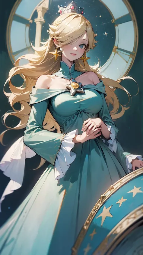 ((((masterpiece, best quality ,Ultra delicate, 16k,high resolution,solo)))),princesa rosalina, blue dress, big breasts, adult body, starry sky, semblante angelical
,smile