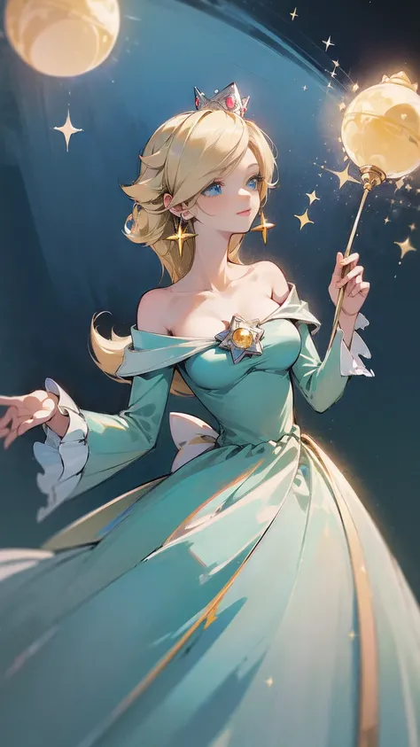 ((((masterpiece, best quality ,Ultra delicate, 16k,high resolution,solo)))),princesa rosalina, blue dress, big breasts, adult body, starry sky, semblante angelical
,smile