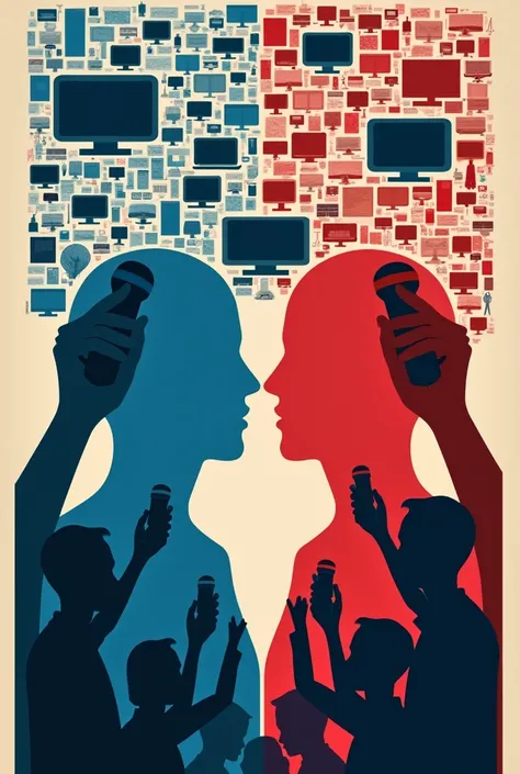  Poster design depicting the theme Ethics  & Mass Media :  Freedom of Speech and Social Responsibility .  Include symbolic elements such as hands holding microphones or phones ,  represents freedom of speech . Around him,  add icons such as newspapers , TV...