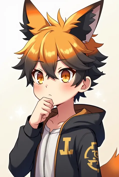 The character Jibi, a male human boy with orange eyes with ears and tail, is a fox with orange hair on the tip of black ears, wearing a gamer suit, feeling interested in what is on the left, his eyes sparkle and his fist is under his chin. The image is a s...