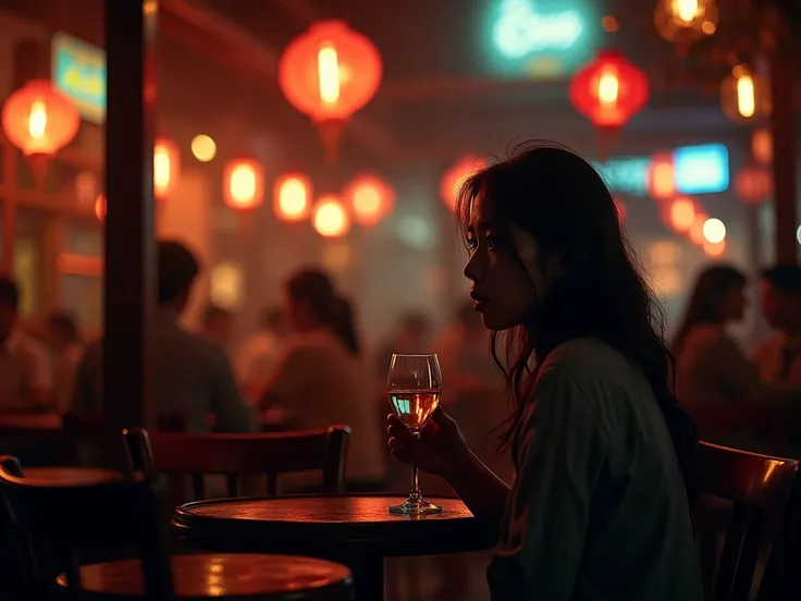 A photorealistic, ilocolor scene of an Asian woman sitting alone in a Western-style bar at night, holding a glass of wine. Her face is filled with an overwhelming sense of sadness and emptiness, her loneliness vividly portrayed through dramatic Chiaroscuro...