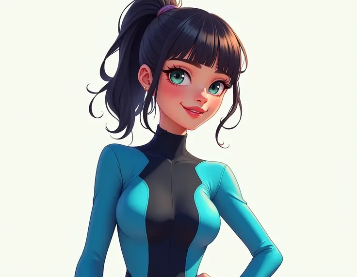 A hot beautiful cartoon girl with left side bangs with a blue and black long sleeved wetsuit