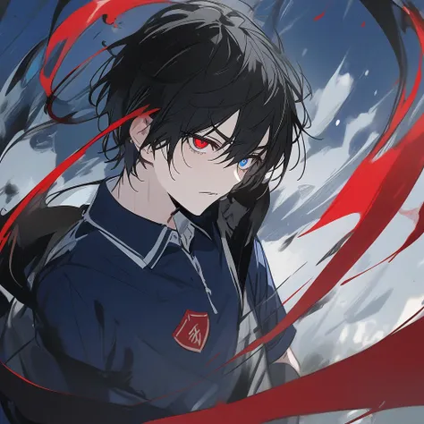  Boy with black hair short hair,  with a red eye and a blue eye ,With school sports uniform ,with demons tail , Alone