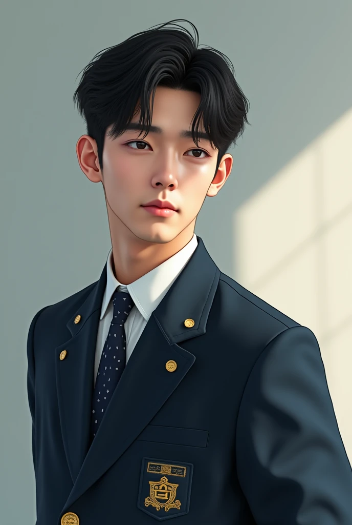 make me a picture of a guy in a school uniform that looks like real but ai. lelaki Korea yang tampan dan rambut comma hair. 