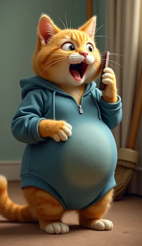 A golden cat is pregnant and is wearing blue clothes and is holding her stomach with both hands and is talking on the phone and there is a broom lying nearby in a room of the house and mouth is open and इंप्रेशन surprised 