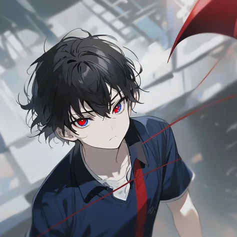  Boy with black hair short hair,  with a red eye and a blue eye ,With school sports uniform ,with demons tail , Alone